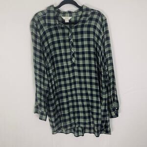 CJ Banks 2X Green Plaid Long Sleeve Tunic Top, 100% Rayon, Button Front
